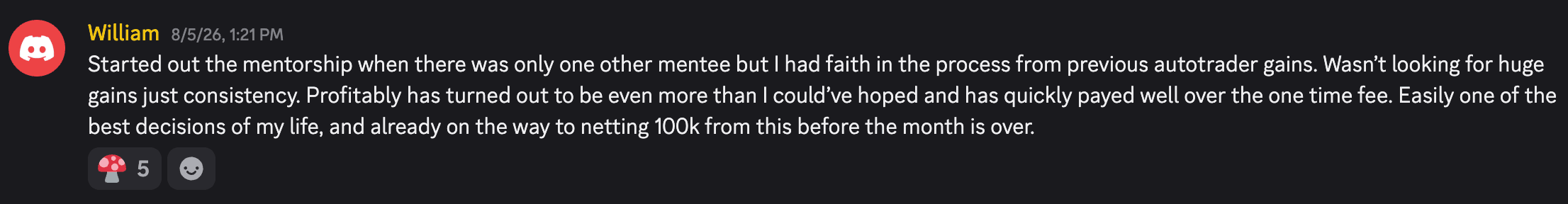 William describes his mentorship experience and results in the TOAD Discord community.
